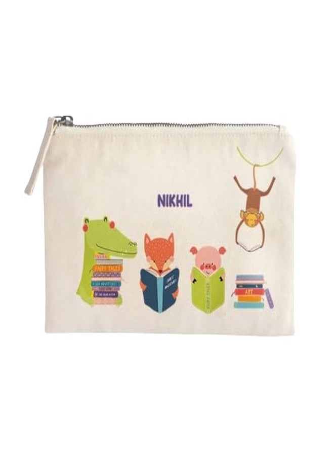 Zooboo Catch All Pouch Personalized with Kid's Names, 100% Cotton with Zipper, Pencil Pouch for Boys and Girls, School Supply Stationery Box Organizer for Students Animal Library - Image 1